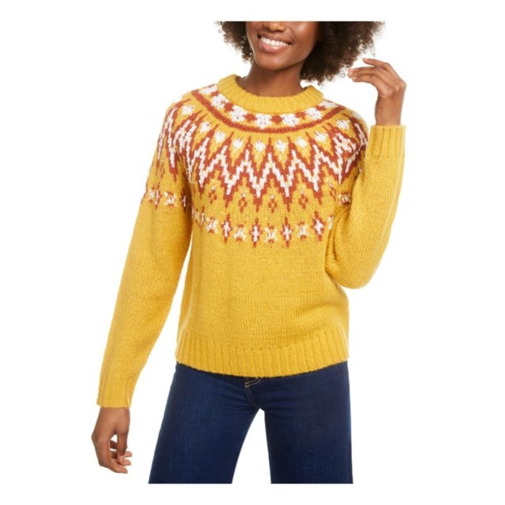 NWOT Hooked Up by IOT Womens Juniors Knit Fair Isle Pullover Sweater Gold, S